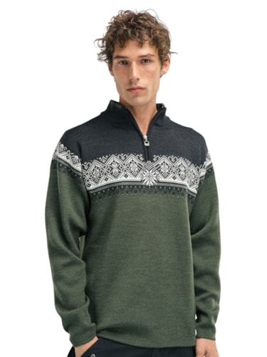 Men's Dark Green Half Zip Merino Sweater - Machine Washable