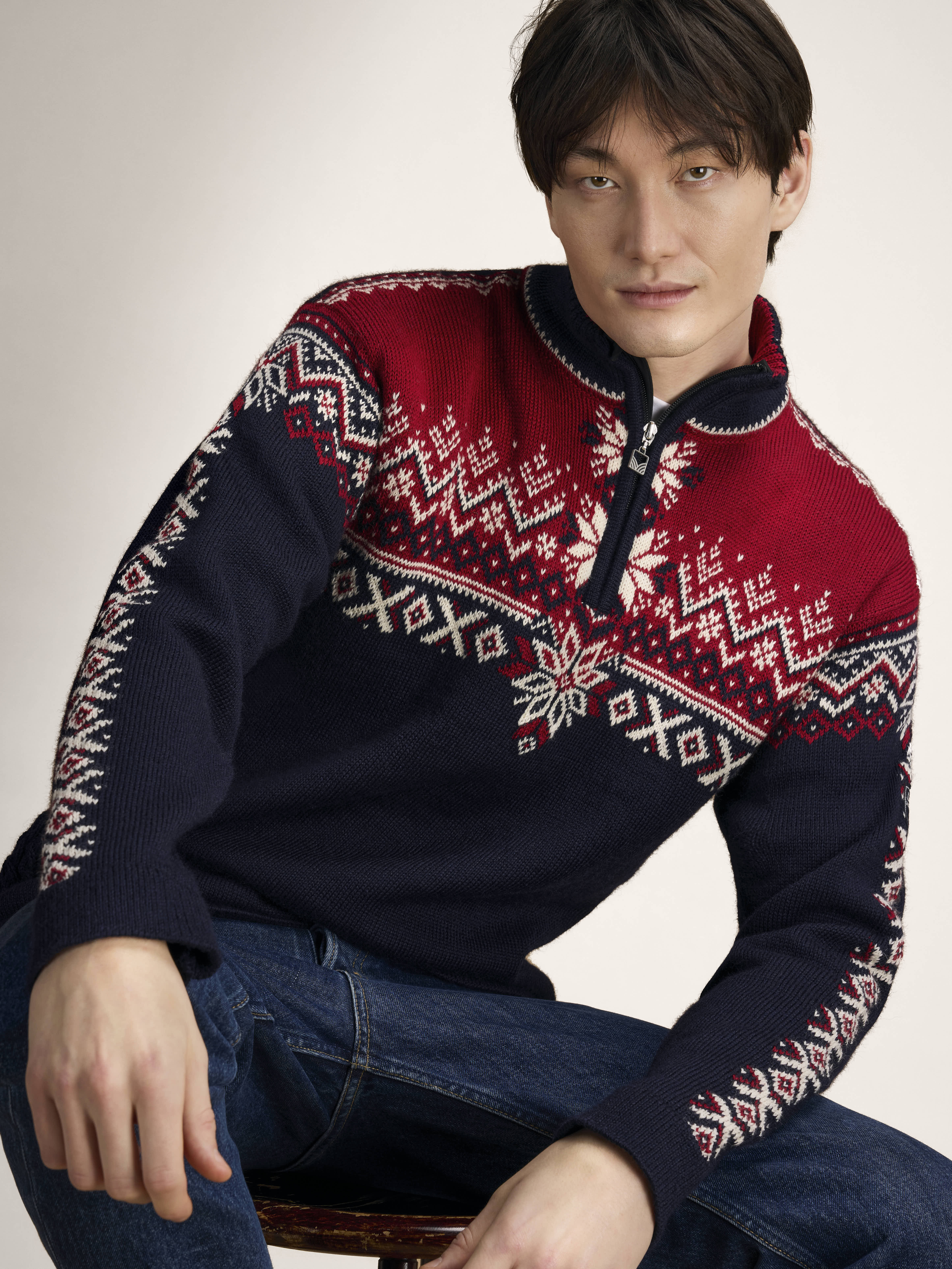 140th Anniversary Men’s Sweater - Norwegian Wool Navy Redrose Offwhite