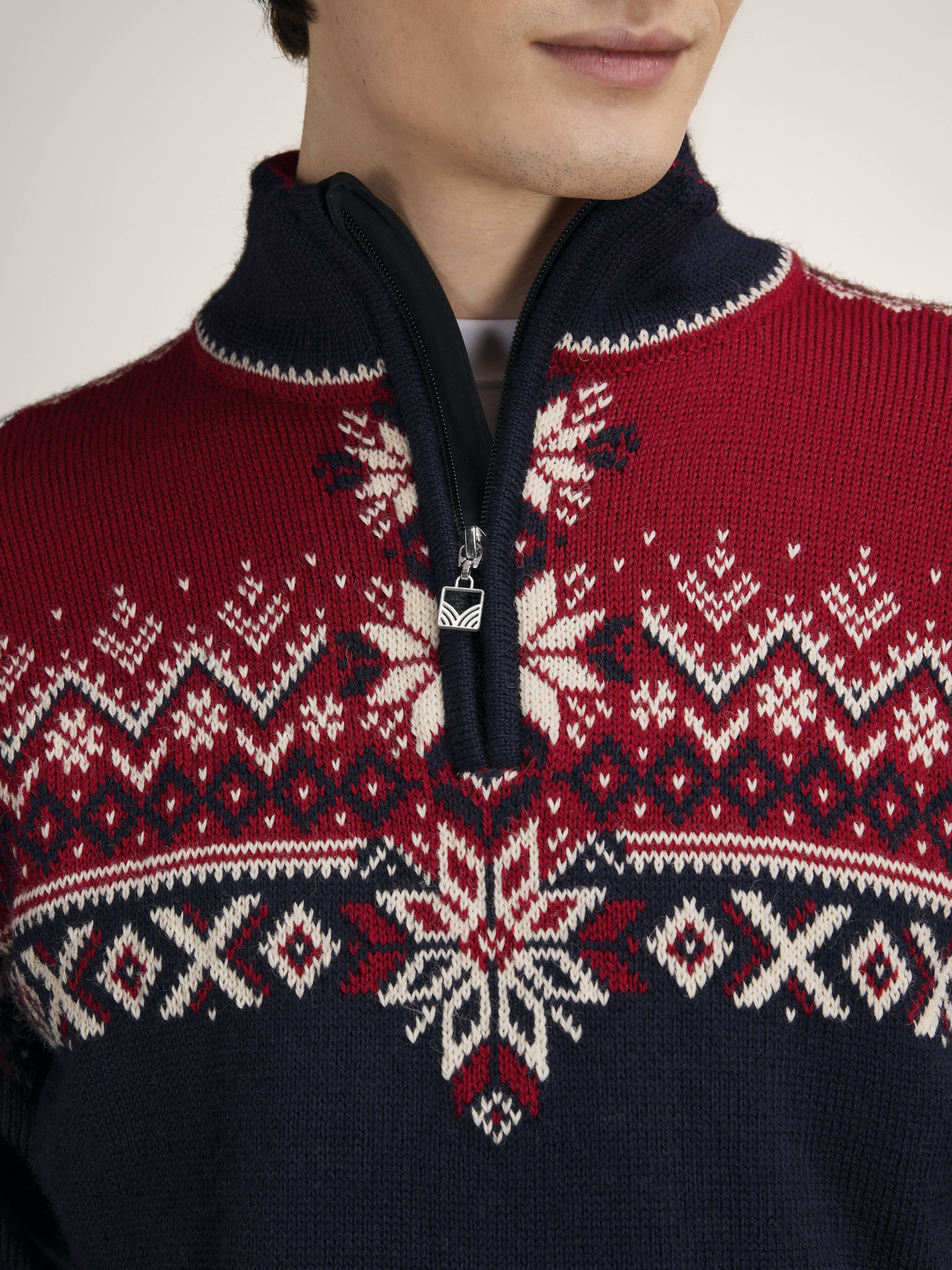 140th Anniversary Men’s Sweater - Norwegian Wool Navy Redrose Offwhite