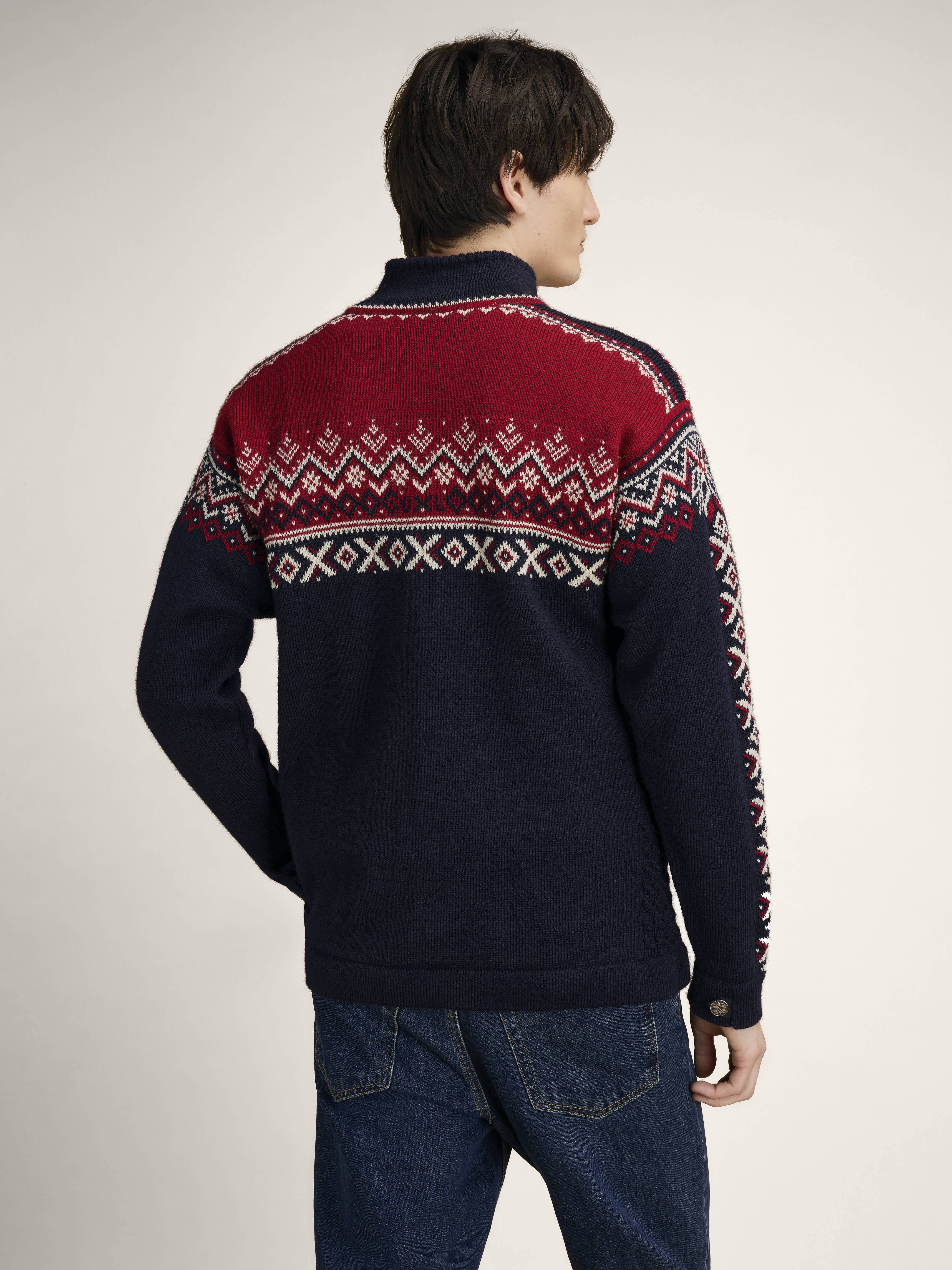 140th Anniversary Men’s Sweater - Norwegian Wool Navy Redrose Offwhite