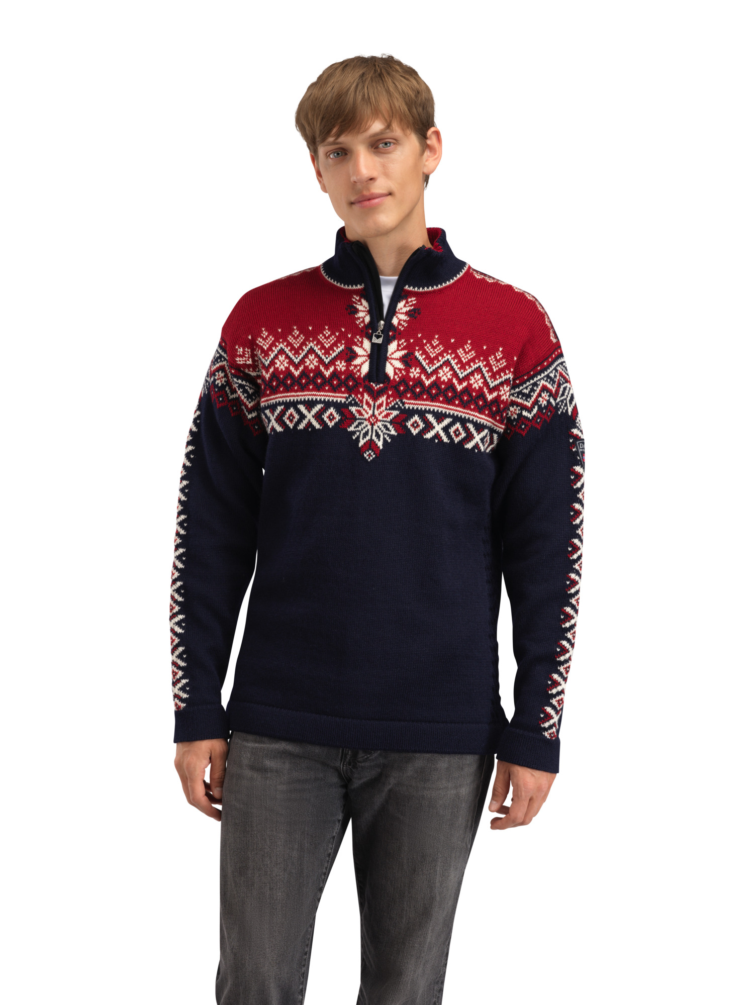 140th Anniversary Men’s Sweater - Norwegian Wool Navy Redrose Offwhite