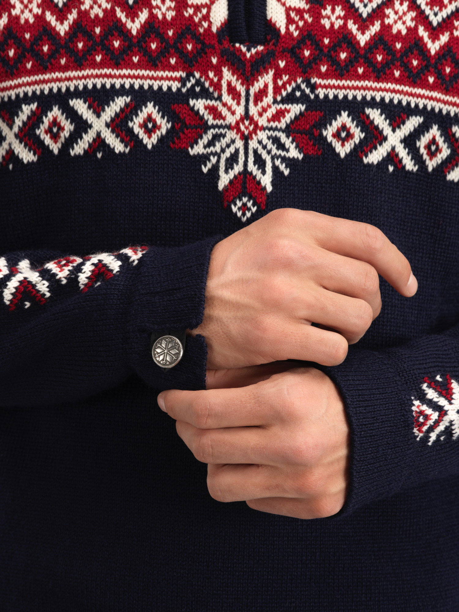 140th Anniversary Men’s Sweater - Norwegian Wool Navy Redrose Offwhite