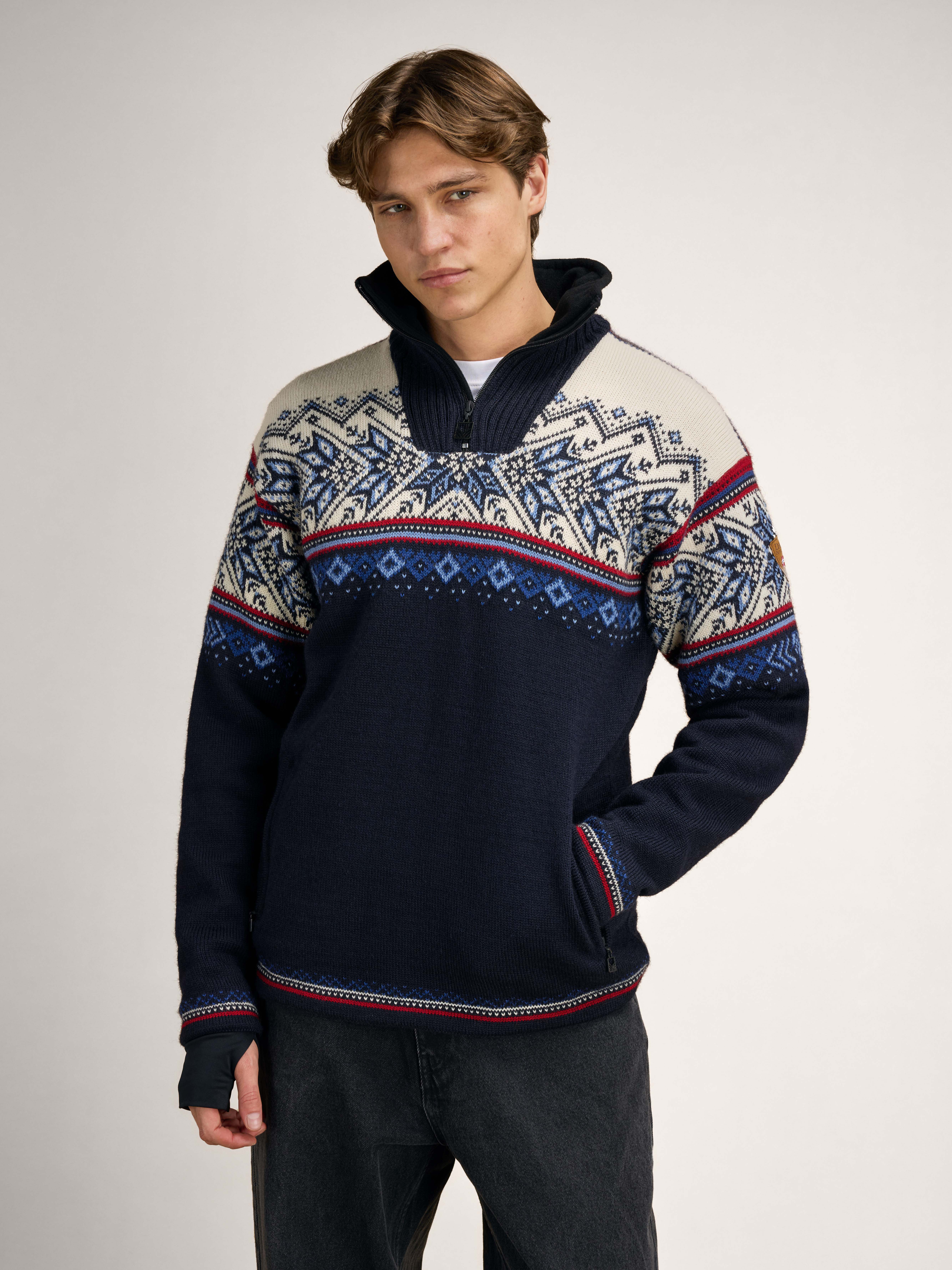 Vail WP Masc Sweater Navy Red Offwhite Indigo Blue - Dale of Norway