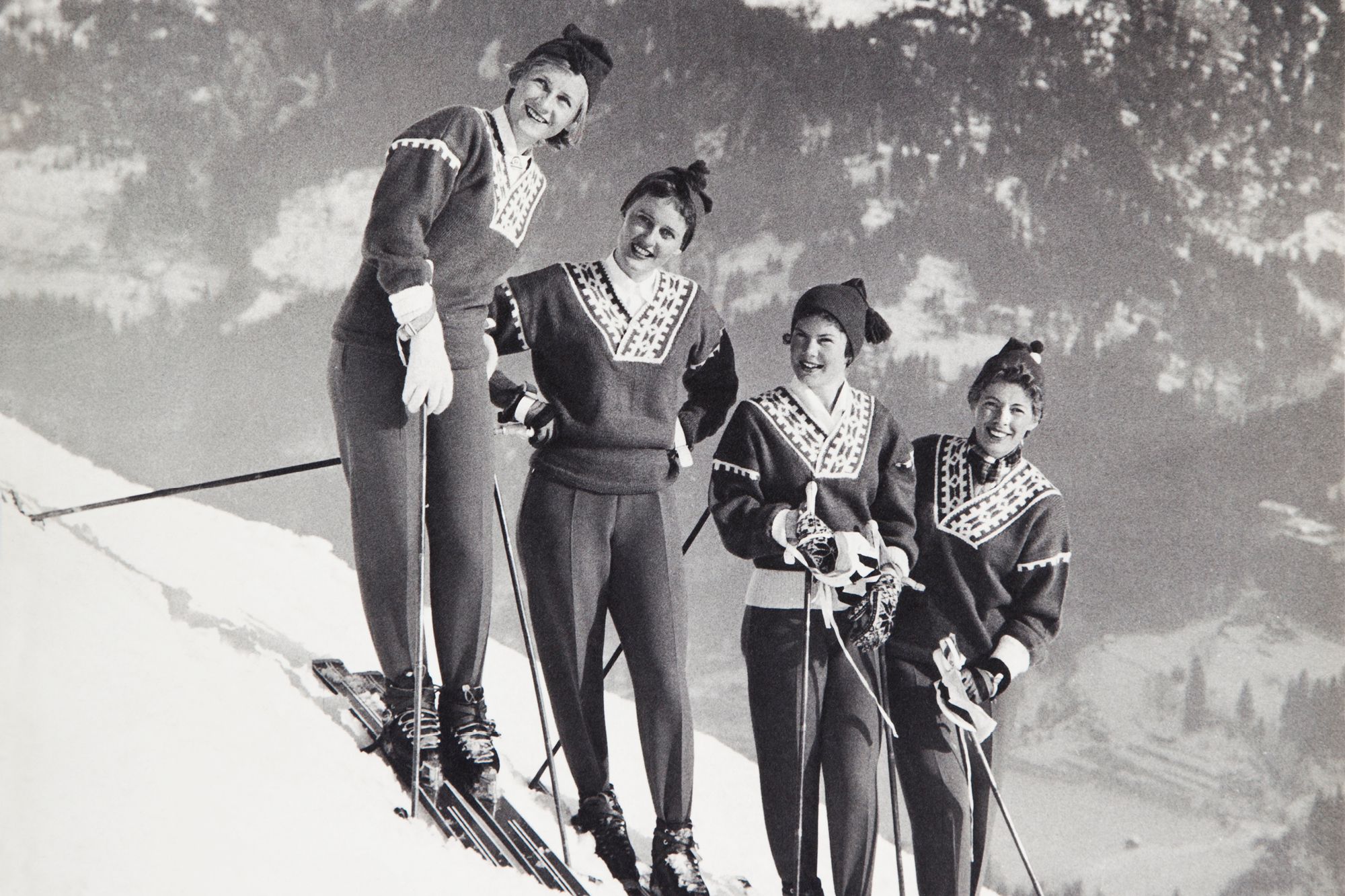 Female models skiing wearing the Dale of Norway 1958  World Alpine Ski Championships - Bad Gastein, Austria. 