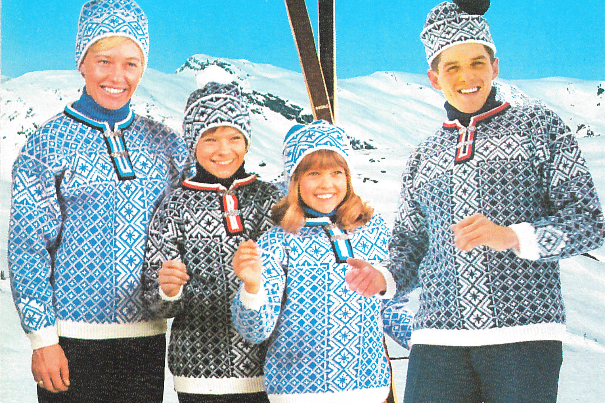 Family wearing the 1970s world championship sweater. 1970  World Ski Championships - Vysoké Tatry, former Czechoslovakia, now Slovakia. 