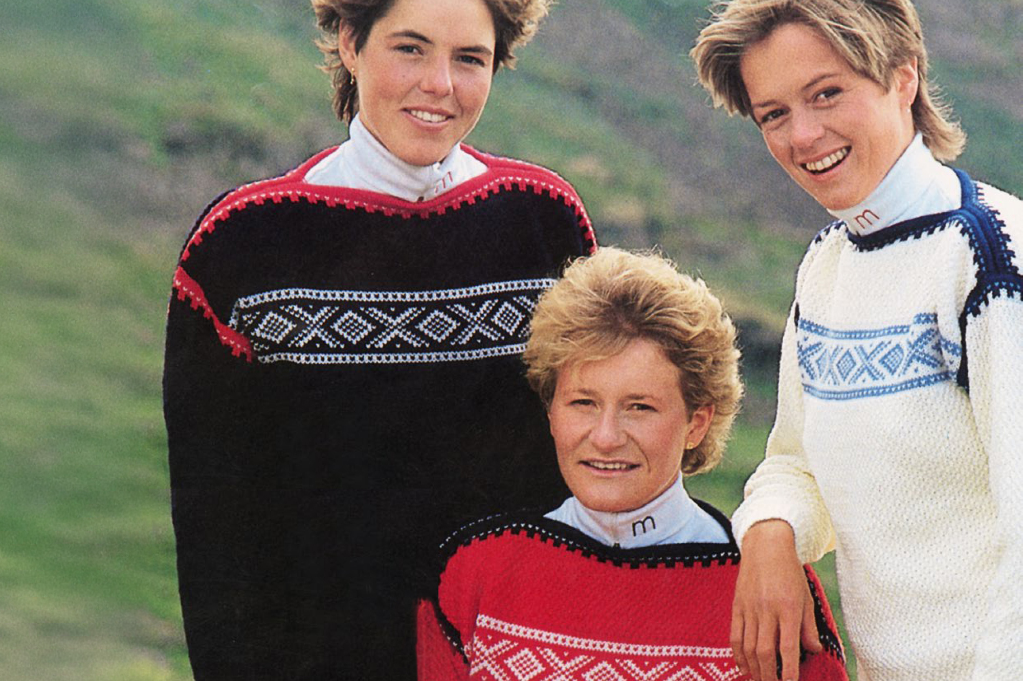 Ski athltetes wearing World ski championships sweater from Dale of Norway. 1985  World Ski Championships - Seefeld, Austria. 