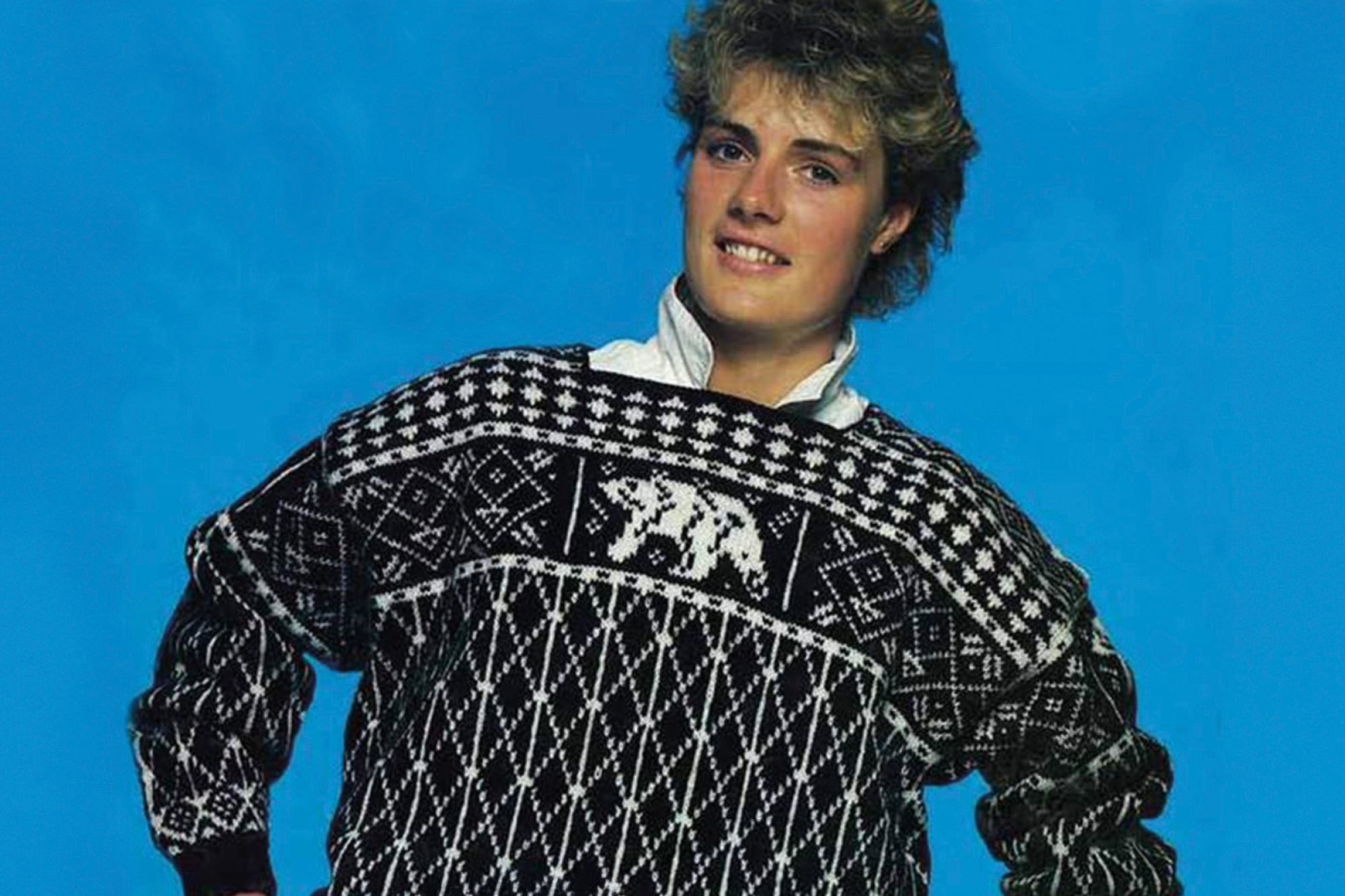 Athlte wearing the 1987 world ski championship sweater. 1987  World Ski Championships - Oberstdorf, Germany. 