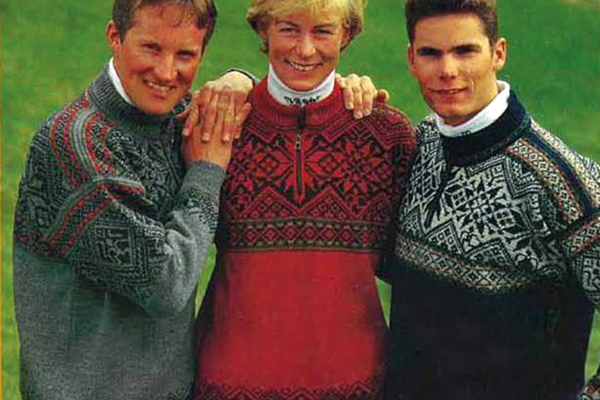 Bildet viser de norske langrennsutøverne Vegard Ulvang, Marit Wold og Thomas Alsgaard i den offisielle VM-genseren. Bay, Canada  1995