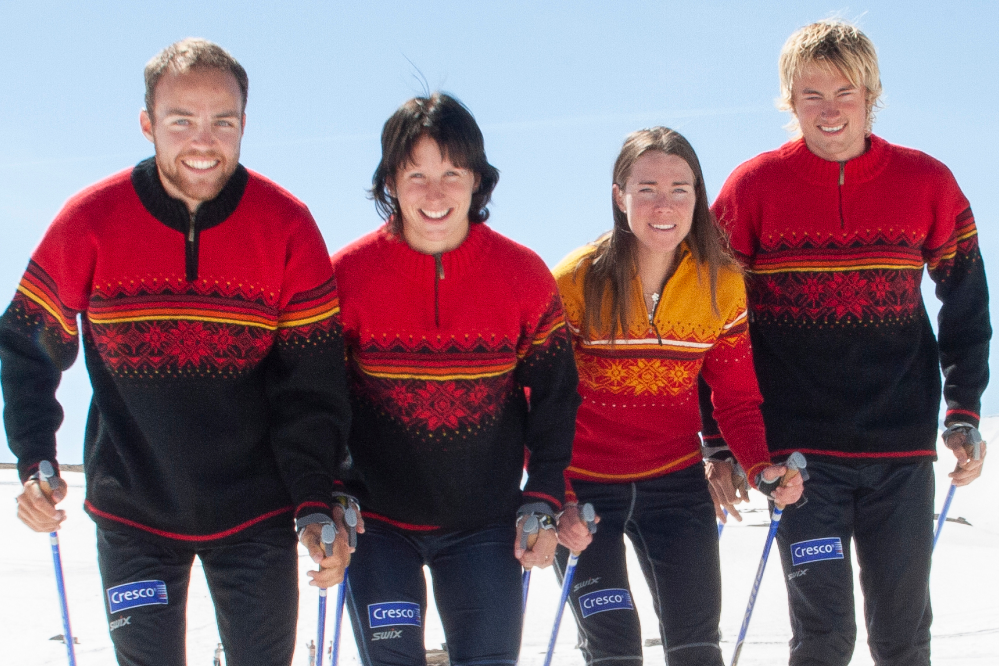 Ski-VM Sapporo, Japan  2007. Bildet viser Tord Asle Gjerdalen, Marit Bjørgen, Ella Gjømle og Petter Northug i VM-genseren.