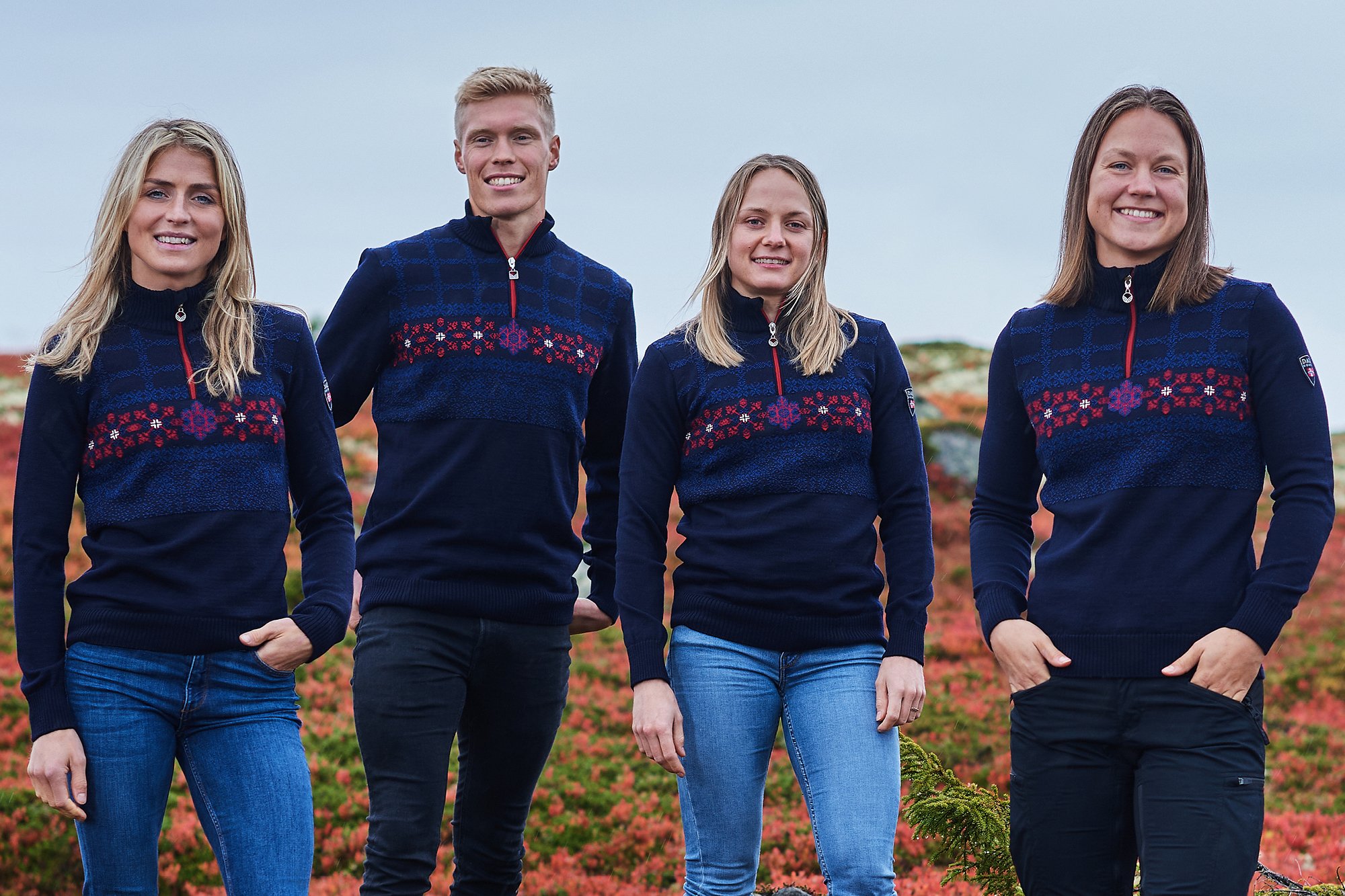 Ski-VM Oberstdorf, Tyskland  2021. Bildet: Norske langrennsutøvere i VM-genseren. Fra venstre: Therese Johaug, Martin Løwstrøm Nyenget, Maiken Caspersen Falla og Ane Appelkvist Stenseth.
